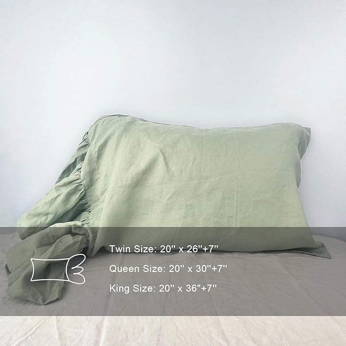 Bean Green Ruffles Linen Pillowcase, 100% French Linen Pillow Cover, Queen Size 1 Piece Farmhouse Shabby Chic Pillow Case, 20''x30'' Pillowcase with Decorative Ruffle Envelope Closure