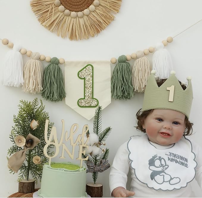 Wild One High Chair Banner For 1st Birthday Party Boy Decorations With Green Tassel Garland Crown Hat Wild One Cake Topper