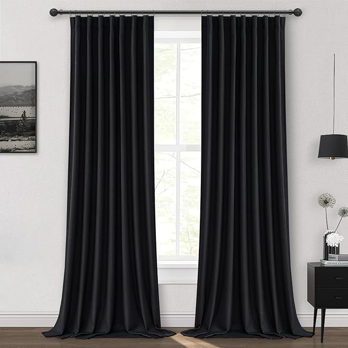 Black 100% Blackout Curtains 84 Inches Long to Keep Heat Out, Black Linen Boho Drapes for Bedroom/Living Room Darkening Back Tab/Rod Pocket/Hook Thermal Insulated (2Panels Set Burg W50 xL84)