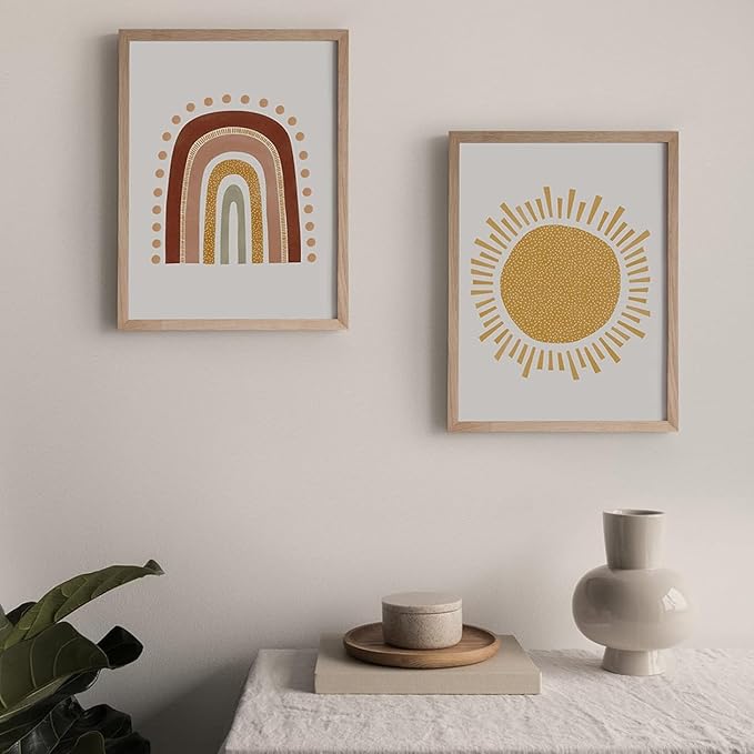 LUHDFYS Boho Wall Art Print,Mid Century Modern Abstract Rainbow and Sun Canvas Wall Art,Minimalist Nursery Decor for Baby Room,Kids Home Decor,Unframed