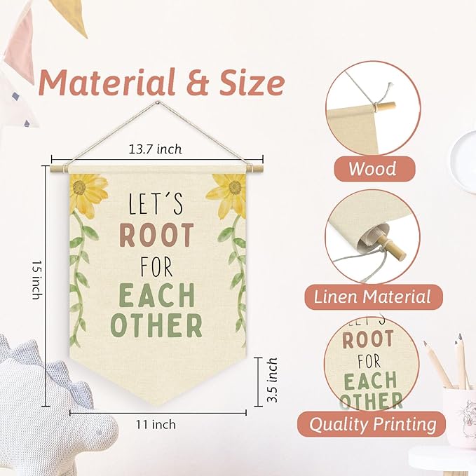 Greenery Floral Classroom Decor, Motivational Flower Nature Boho Linen Canvas Banner for Classroom Door Playroom Homeschool Decor, Let's Root for Each Other Wall Hanging Pennant Banner 15x11in