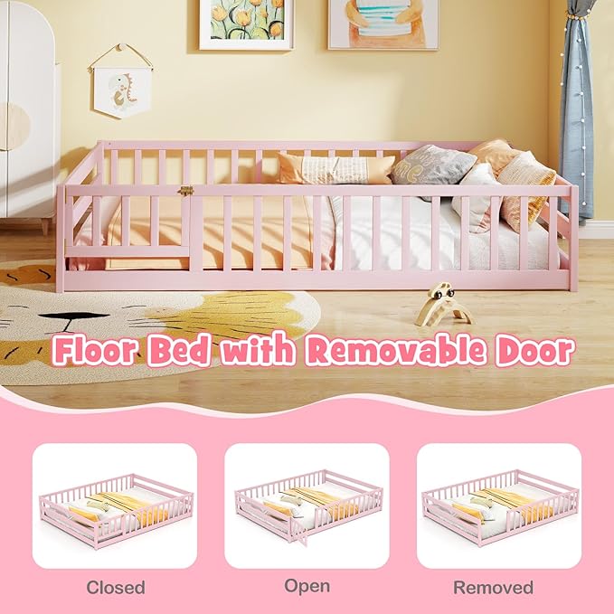 KOMFOTT Full Size Wood Floor Bed with Door & Fence, Montessori Bed Frame with Full Length Safety Guardrails, Door & Latch, Wooden Montessori Floor Bed for Kids, Girls, Boys (Full,Pink)