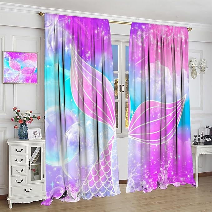 Suitable for Girls Mermaid Curtains, Rainbow Pink Purple Mermaid Tail Fish Scales Fantasy Ocean Print Curtains for Living Room Children Baby Room Nursery, 42x54 Inches