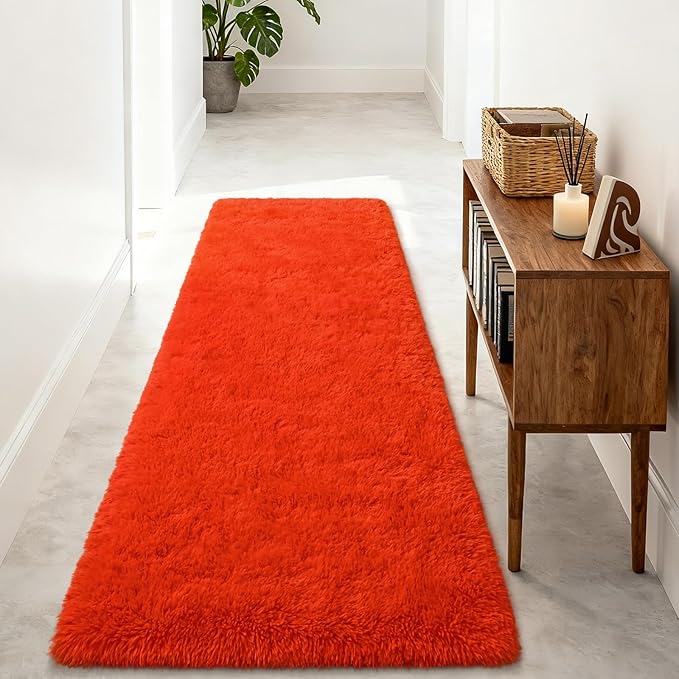 Merelax Soft Fluffy Rugs for Bedroom Living Room, 2x6 Hallway Runner Rugs, Furry Shag Bedside Area Rug Indoor Accent Floor Carpet, Plush Fuzzy Rug for Dorm Nursery Kids Room Decor, Orange Red