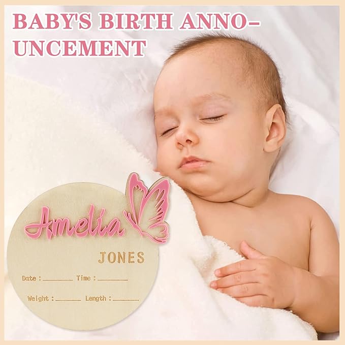 Personalized Baby Announcement Sign Custom Birth Newborn Announcement Sign for Hospital Wooden Baby Name & Footprint Sign Photo Prop Shower Gift (Butterfly)