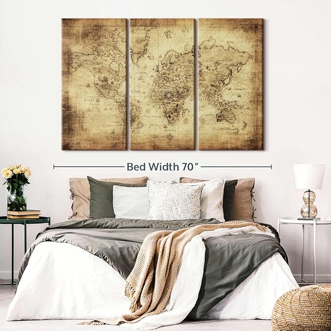 ElephantStock Ancient World Map Wall Art Multi Piece Canvas - 3 Piece Canvas World Map Wall Decor - Wall Decor - Ready-to-Hang Print - Vintage Wall Art - 65" X 42"