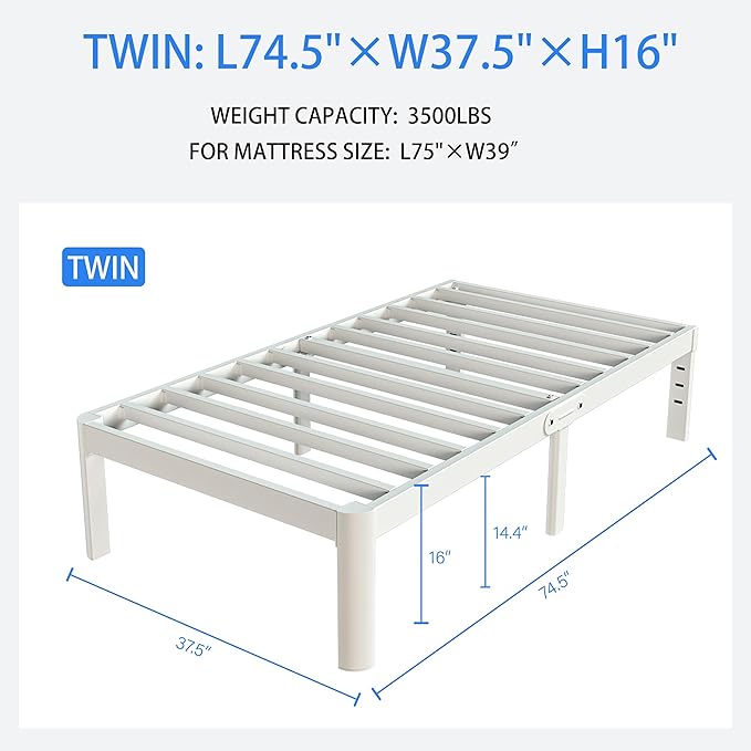 White Twin Size Bed Frames 16 Inch, Metal Platform Twin Bed Frame No Box Spring Needed, Heavy Duty Steel Support 3500 LBS, DIY Headboard, Round Legs, Noiseless, Storage Space, Easy Assembly