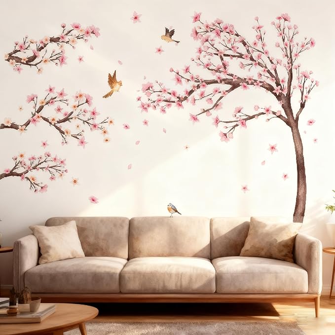 Large Pink Flower Tree Branch Wall Stickers Cherry Blossom Floral Birds Peel and Stick Wall Decals Art for Girls Bedroom Living Room TV Wall Decor