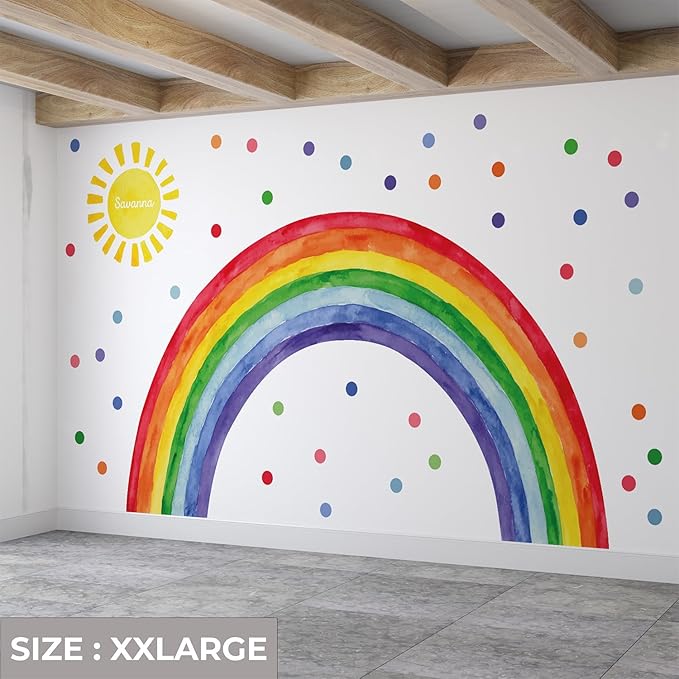 Watercolor Rainbow, Sun, Polka Dots Wall Decal for Kids Room, Nursery, Baby Room Decor, Polka Dots Mural, Rainbow Wallpaper (Vibrant Rainbow, XXLarge)