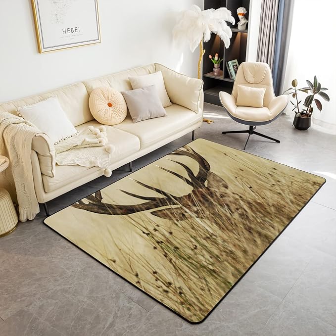 jejeloiu Antler Rug Retro Deer Rugs for Living Room Bedroom 16"(W) x24(L), Soft Rug,Countryside Rural Hunting Non-Slip Plush Floor Mats Decor