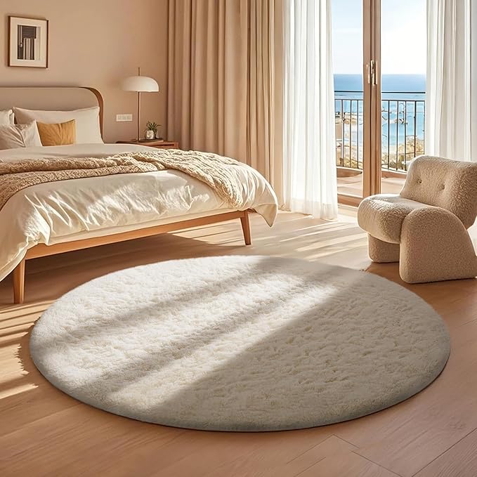 Ophanie Round Rug 4Ft Ivory Circle Area Rug, Aesthetic Christmas Room Decor, Fluffy Fuzzy Bedroom Carpet, Plush Soft Shaggy Cream Rugs for Kids Home, Nursery, Living Room