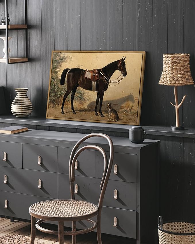 ARPEOTCY Framed Canvas Horse Wall Art, Classical Horse and Dog Art Print for Home Decor, Large Rustic Farmhouse Country Wall Decor for Living Room, Bedroom, Bathroom, Office, 16x24 inch