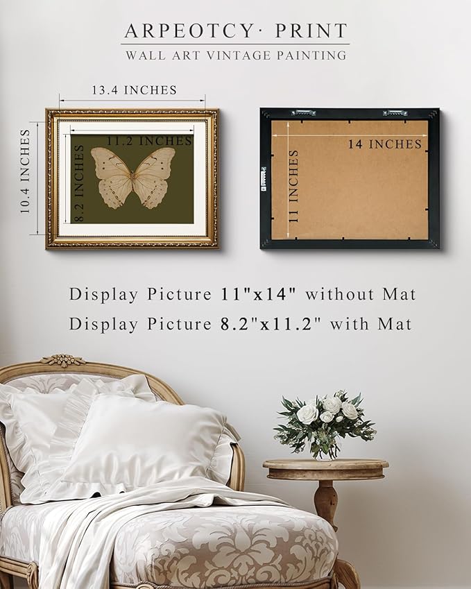 ARPEOTCY Vintage Gold Framed Wall Art, 13x16 inch Classical White Butterfly Paintings, Dark Moody Green Canvas Prints Artwork with Antique Picture Frame, Victorian Wall Decor for Gallery Living Room