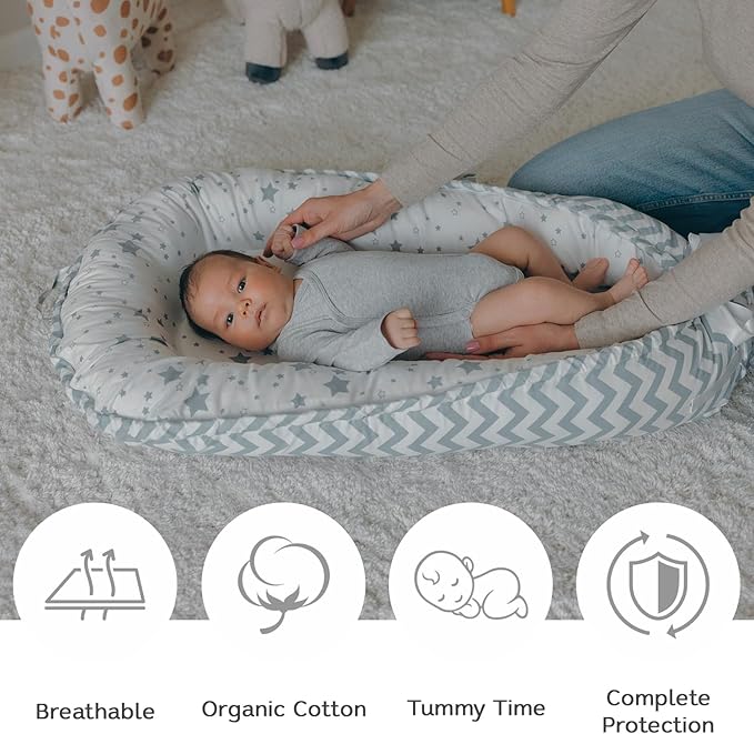 Baby Lounger | Organic Cotton Infant Lounger | Reversible, Adjustable & Portable Floor Lounger |Supervised Use | Soft, Breathable, Washable Cover - Star Collection (Gray)