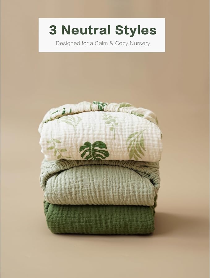 Muslin Bedside Sleeper Bassinet Fitted Sheets, 3 Pack Cotton Baby Sheet for Boys & Girls, Soft, Compatible with Baby Delight, Dream On Me, AMKE and Other Rectangle Mattress (Leaf Green)