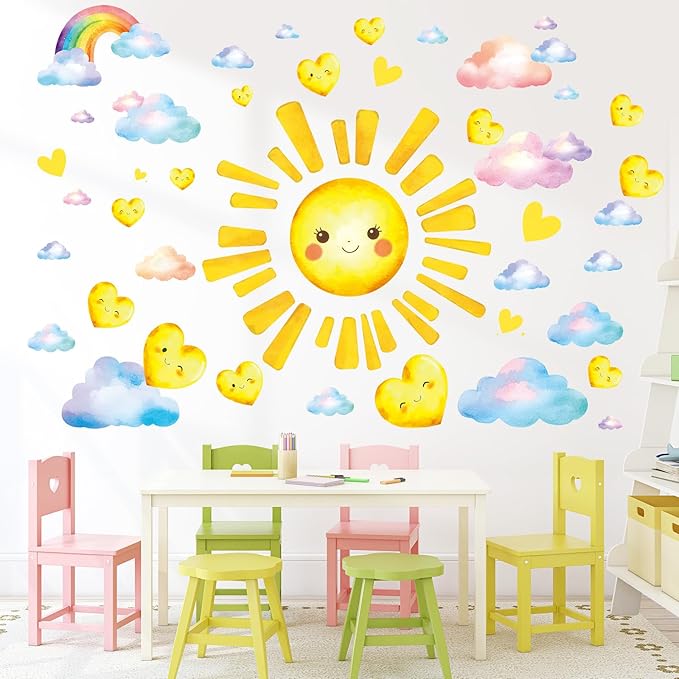 SHUCHING Large Sun Wall Sticker Peel and Stick, Vinyl Cloud Heart Wall Decal, Wall Decor Art for Kids Bedroom Nursery Playroom