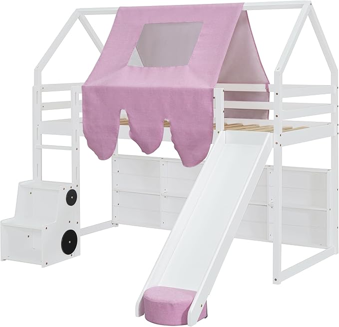 Playhouse Design Twin Size Wood Loft Bed with Slide and Tent, Low Loft House Bed Frame with Storage Shelves and Removable Car-Shaped Staircase for Kids Teens Boys Girls Bedroom (White-Pink)