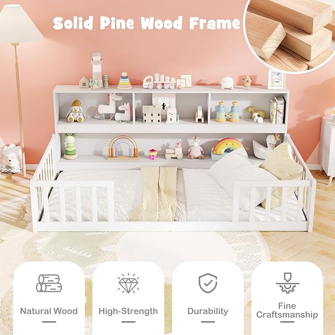 KOMFOTT Twin Floor Bed with Bookcase & Shelves, Wood Bed Frame with Bedside Bookshelves & Guardrails, Versatile 2-in-1 Montessori Floor Bed for Kids (White)