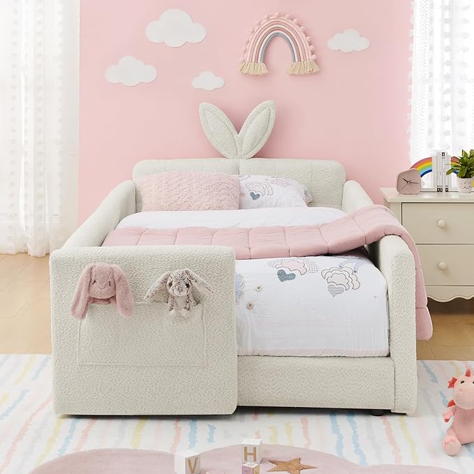 Twin Size Kids Bed with Rabbit Ear Headboard, Upholstered Boucle Fabric Twin Daybed with Slats Support & Side Pockets, Space-Saving Wooden Corner Sofa Couch Bed Frame, for Girls, Boys, Teenager(Beige)