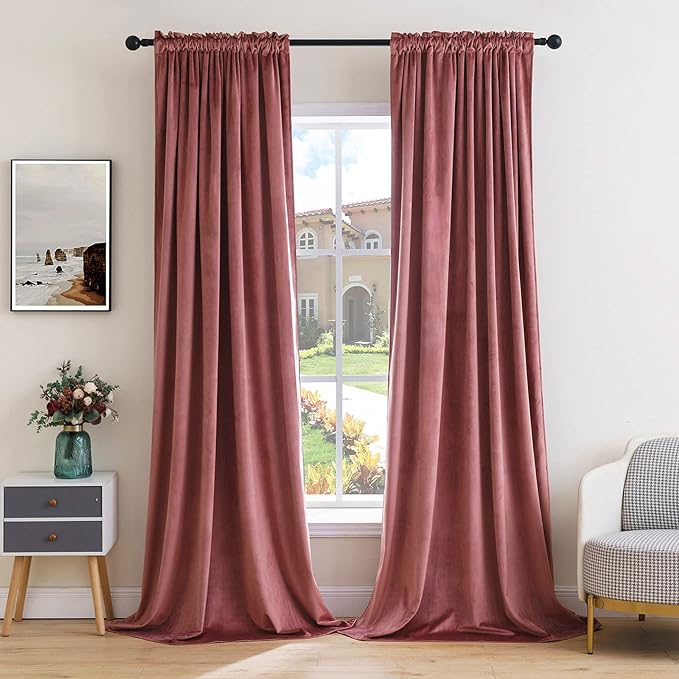 MIULEE Dusty Rose Pink Velvet Curtains Thermal Insulated Blackout Curtain Drapes for Bedroom Living Room Darkening 90 Inches Long Curtains Panels Rod Pocket Set of 2