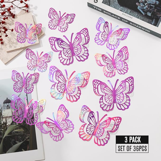 36PCS Butterfly Wall Decals - 3D Butterflies Wall Stickers Removable Mural Decor Wall Stickers Decals Home Decor Kids Room Bedroom Decor Living Room Decor (Purple)