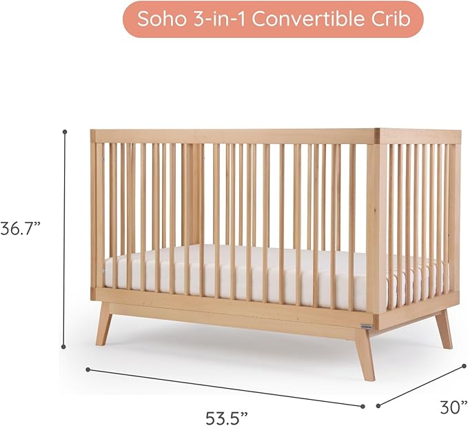 dadada Baby Soho 3 in 1 Convertible Wooden Crib to Toddler Bed - Made in Italy, GREENGUARD Gold Certified, Baby-Safe Finish, Sustainable Beech Wood, Modern Design, 3 Adjustable Heights (Natural)