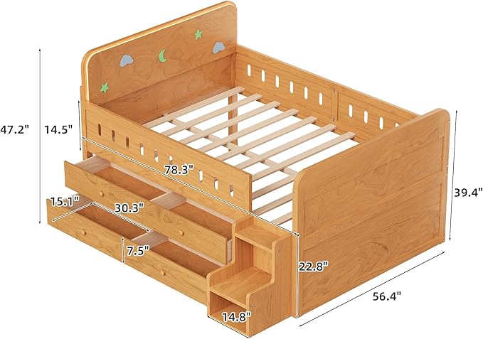 Full Size Platform Bed with Guardrail and 4 Drawers, Wooden Kids Platform Bed Frame with Two-Step Staircases and Light Strip for Boys Girls, Sturdy Slats Support (Wood-11A)