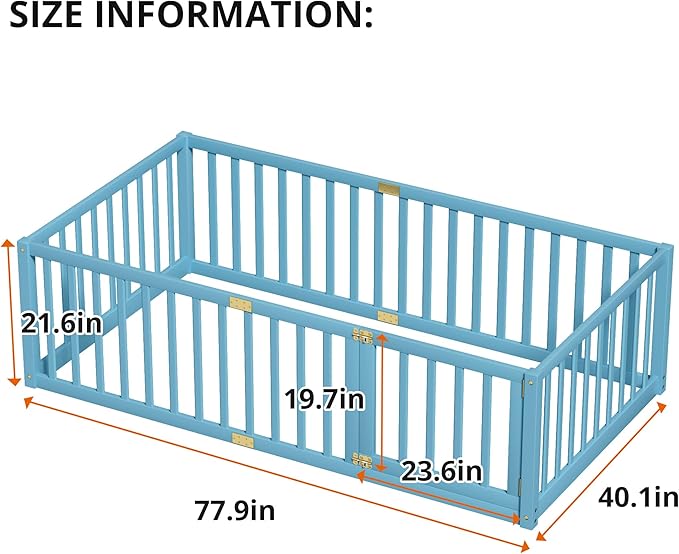 LLS Twin Size High Fence Floor Bed, Solid Wood Multifunctional Montessori Bed Frame with Door for Toddler Kids, Without Slats, Sky