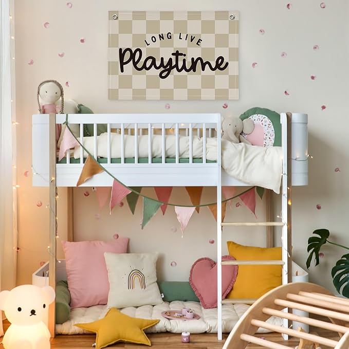 Playroom Wall Decor, Long Live Playtime Banner, Playroom Wall Decor Boy Nursery Decor, Checkered Canvas Banner Wall for Playroom Toddler Room, Boys Girls Kids Room,Classroom ，playtime