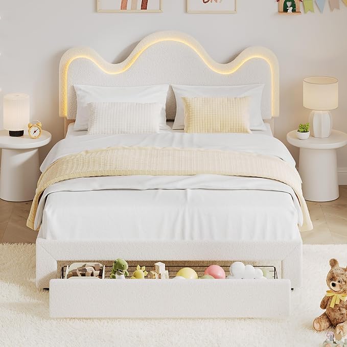 IDEALHOUSE Queen Bed Frame with LED Headboard and Under-Bed Drawer, Metal Upholstered Platform Bed with LED Light for Kids, Girls, Lamb Fleece Fabric, Wooden Slats Support, No Box Spring Needed, White