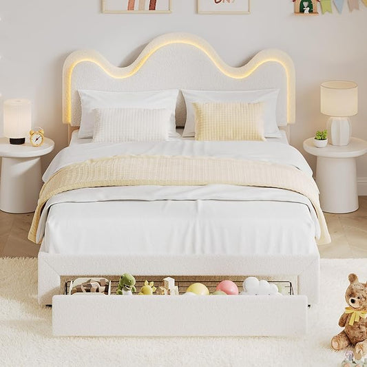 IDEALHOUSE Queen Bed Frame with LED Headboard and Under-Bed Drawer, Metal Upholstered Platform Bed with LED Light for Kids, Girls, Lamb Fleece Fabric, Wooden Slats Support, No Box Spring Needed, White