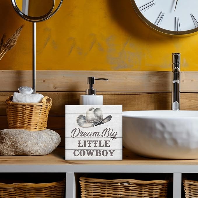 Western Nursery Wood Box Sign - Western Desk Shelf Decor, Cowboy Nursery Decor, Grey Dream Big Little Cowboy Wooden Block Plaque Box Sign for Baby Boy Dorm Room Table Decorations