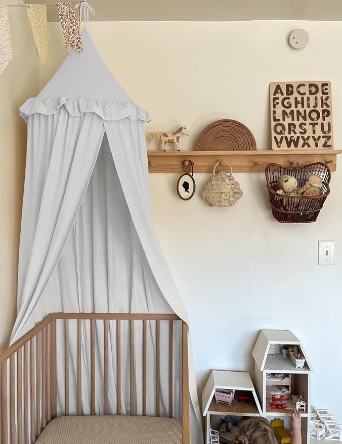 JIKAL Kids Bed Canopy with Ruffles Cotton Hanging Tent Frills Curtain Net for Baby Nursery Room Children Reading Nook Decor