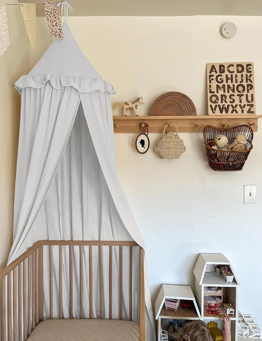 JIKAL Kids Bed Canopy with Ruffles Cotton Hanging Tent Frills Curtain Net for Baby Nursery Room Children Reading Nook Decor