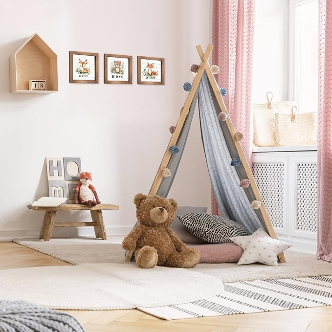 3 Piece Woodland Nursery Wall Decor, Wooden Forest Animal Bear Fox Deer Sign Nursery Art, Nature Jungle Safari Theme Baby Shower Decorations for Home Table Top Shelf Desk Classroom Bathroom