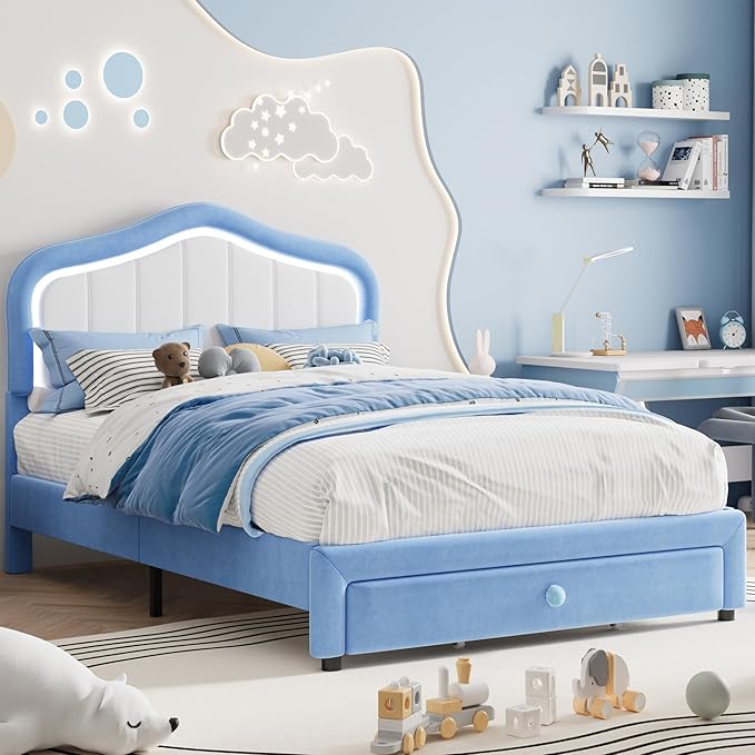 GarveeHome Upholstered Full Size Bed Frame with Led Lights and Storage Drawer, Cute Velvet Led Bed Frame with Headboard for Kids, Girls, Boys, No Box Spring Needed, Wooden Slats, Noise Free, Blue