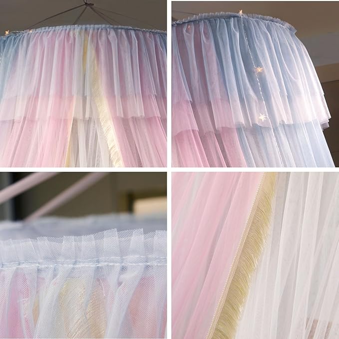 AIKASY Princess Bed Canopy for Girls & Adults, Elegant Double-Layer Bed Curtain, Children's Dream Round Lace Mosquito Net - Fits Twin, Full, Queen, and King Beds(Pink/Grey/White)