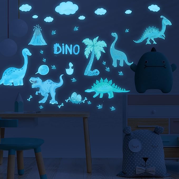 Glow in The Dark Dinosaur Wall Decals, 47 PCS Glowing Dino Stickers for Boys Bedroom, Large Luminous Removable Dinosaur Paw Wall Decor for Nursery