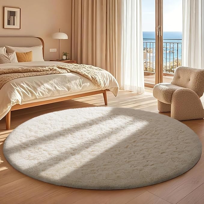 Ophanie Round Rugs 5Ft Ivory Circle Area Rug, Aesthetic Room Decor, Christmas Nursery Bedroom Carpet, Fluffy Fuzzy Plush Soft Shaggy Cream Living Room Rugs for Kids Home