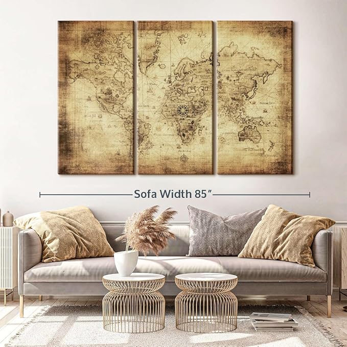ElephantStock Ancient World Map Wall Art Multi Piece Canvas - 3 Piece Canvas World Map Wall Decor - Wall Decor - Ready-to-Hang Print - Vintage Wall Art - 74" X 48"
