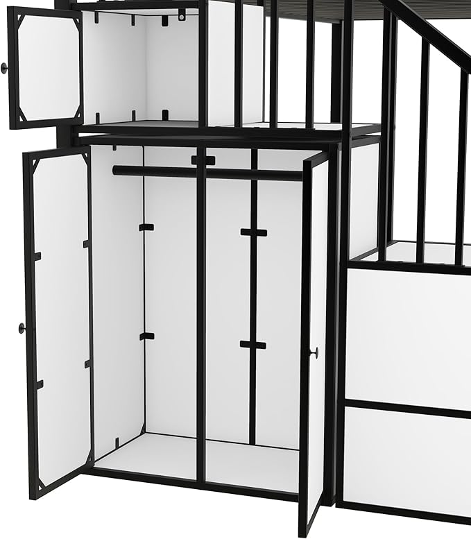 Twin Over Twin Castle-Shaped Bunk Bed with Wardrobe and Multiple Storage, Metal Bunk Bed with Storage Staircase and Safety Guardrail for Kids Teens Boys Girls Bedroom (White+Black 04)