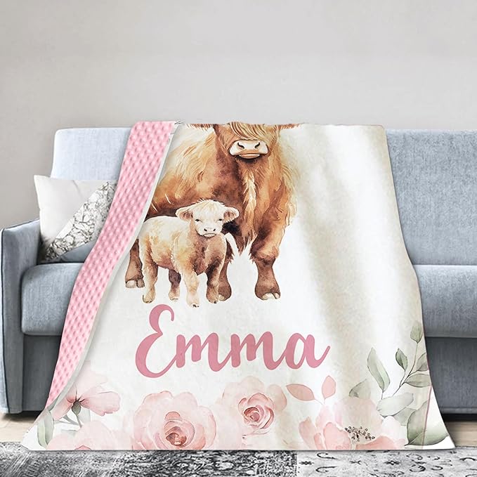 Personalized Baby Blankets for Boys Girls, Custom Name Pink Highland Cow Baby Blanket, Soft Receiving Blanket for Newborns and Toddlers, Ideal for Baby Showers and Nursery Decor