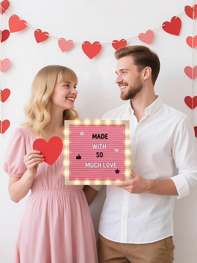 Changeable Felt Letter Board with LED Lights - 10×10" Message Custom Signs & Wood Stand & 450 Letters, Poster Board for Christmas/Pregnancy/Baby Announcement/Baby Shower/Wall Decor Gifts, Pink