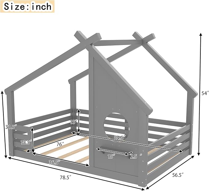 Polibi Full Size Floor Bed with House-Shaped Roof,Window and a Small Shelf, Solid Wood Low Profile Floor Bed for Kids, No Box Spring, Grey
