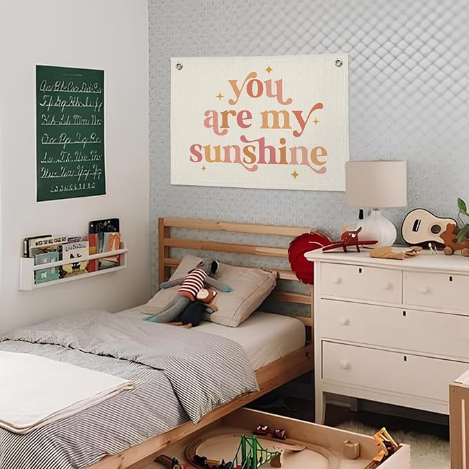 Girls Room Decor, Baby Girl Nursery Baby Shower Decor Gift, You are My Sunshine Linen Canvas Banner, Pink Boho Wall Hanging Banner Flag 20x30 Inch
