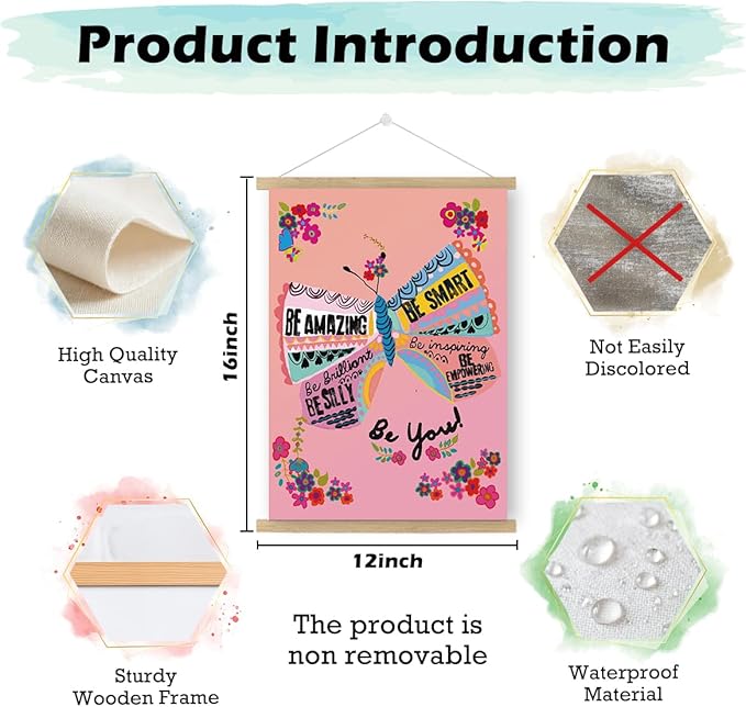 Qswo Inspirational Quotes Wall Decor for Women,Be Amazing Be You Pink Wall Art Poster Hanger Frame,Motivational Hanging Canvas Wall Decor for Girls Room Dorm Nursery
