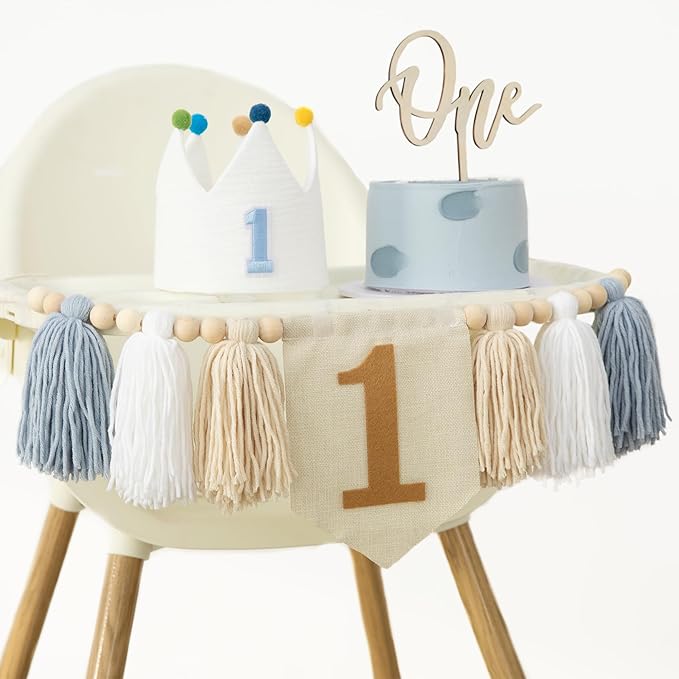 Baby Boy 1st Birthday Party Decorations For Handmade Tassel Garland Highchair Banner With Cake Topper Crown Hat