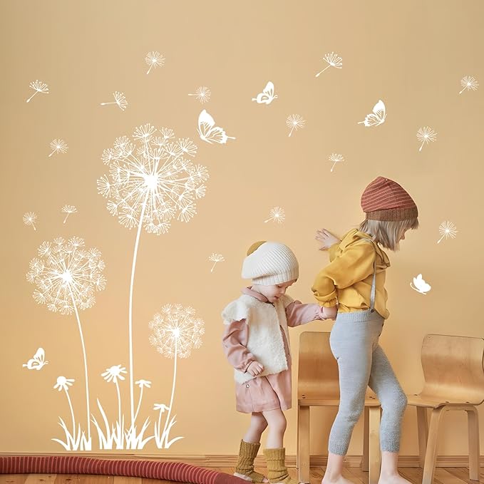2 Sheets Dandelion Wildflower Wall Decals Art, Wall Stickers Peel and Stick Floral Butterflies Flying Decor for Girls Kids Women Baby Nursery Living Room Bedroom Bathroom Hallway Stairwell (White)
