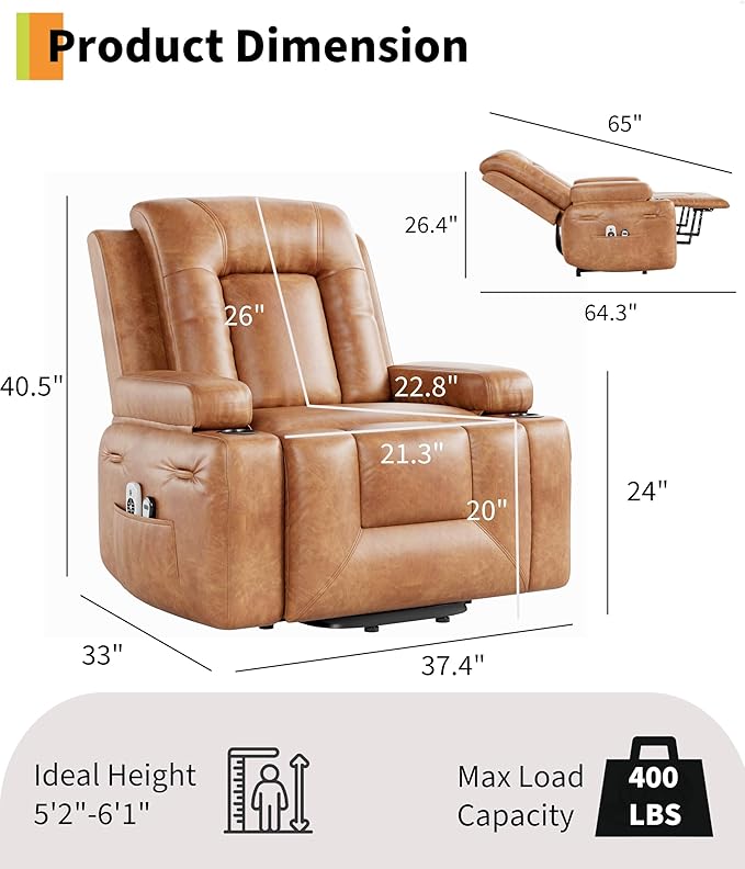 GarveeHome Power Recliner Chair - Heat and Massage, Adjustable Electric Recliner Ergonomic PU Leather Single Sofa, Tall Back, Padded Seat, Lazy Chair for Living Room