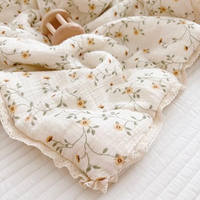 BuLuTu Muslin Toddler Quilt Cute Baby Comforter for Crib, Soft Lightweight Muslin Blankets for Girls Boys, Wildflower Pattern, 47"x59"